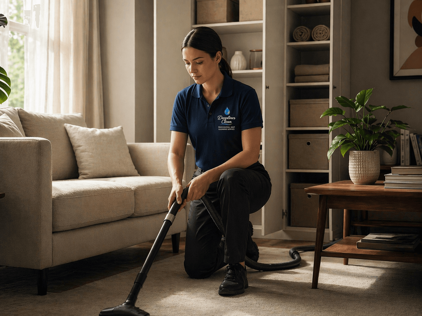 Professional cleaner in a blue polo shirt kneeling to vacuum a living room rug.