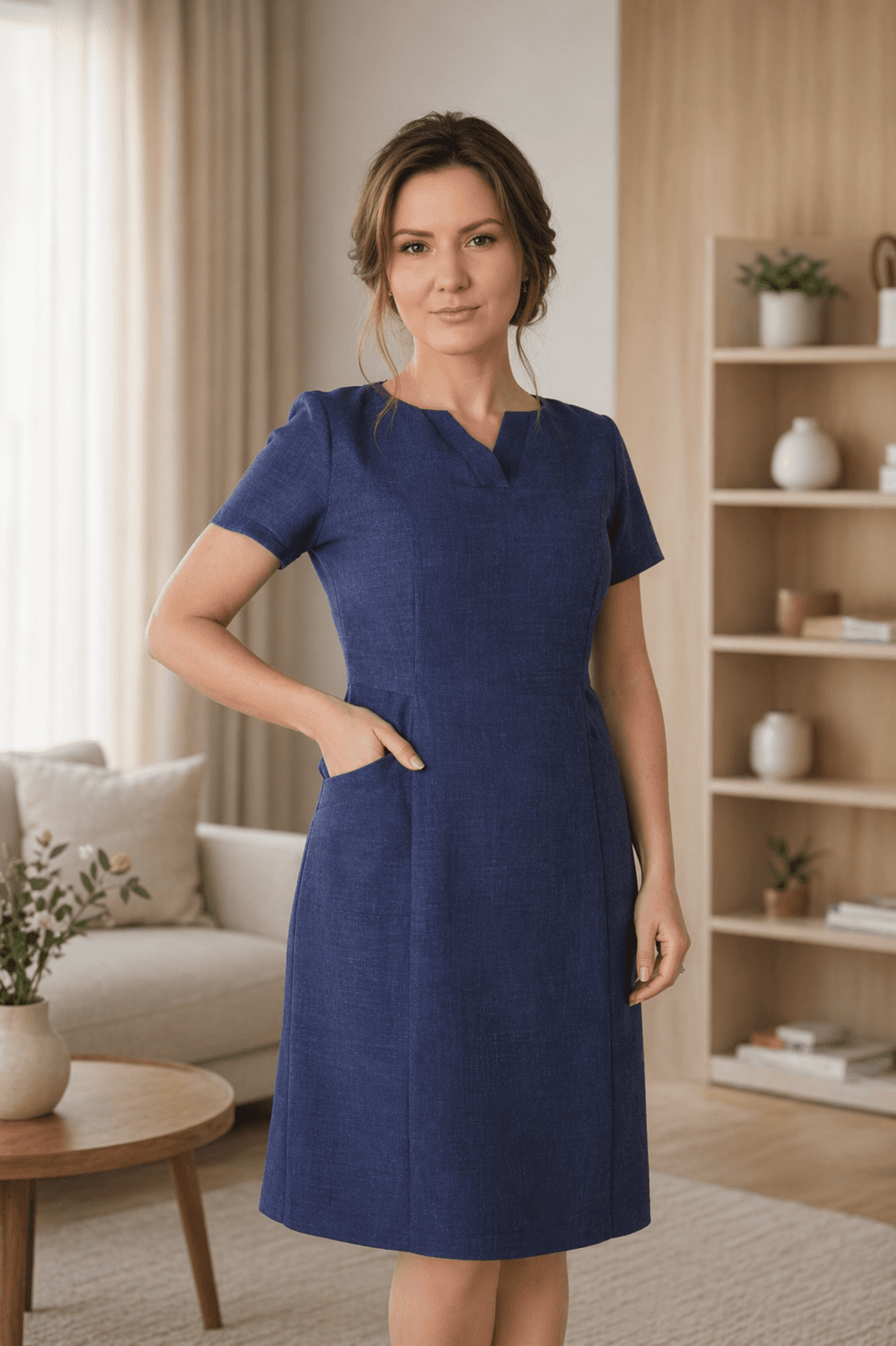 Woman wearing a blue short-sleeved linen dress with pockets in a modern living room.